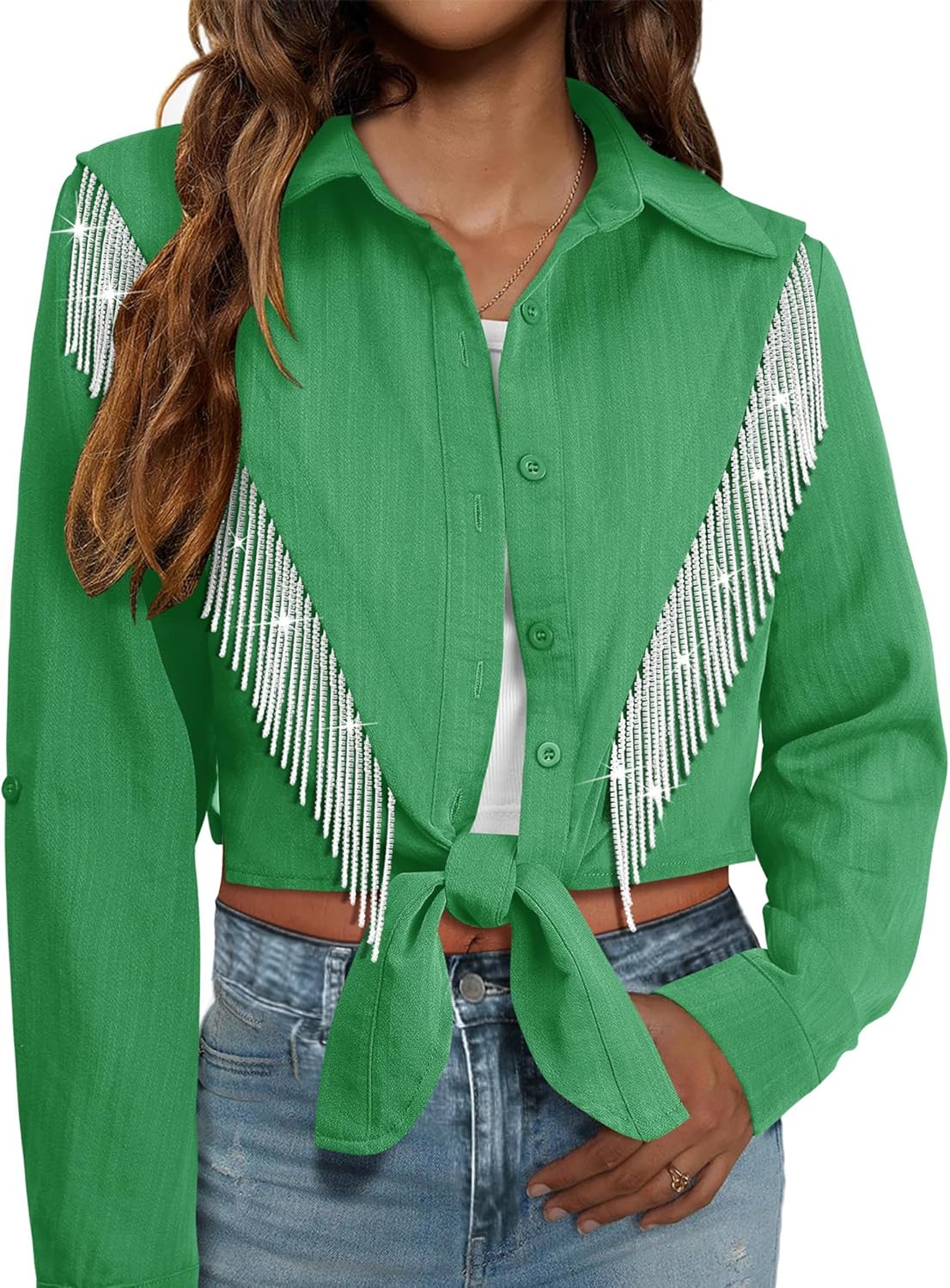 MYMORE Womens Sparkly Fringe Cropped Button Down Shirt for Cowgirls