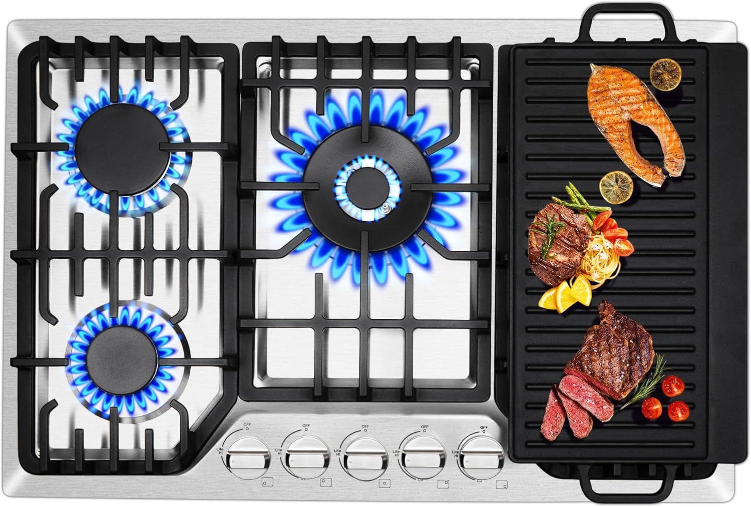 30 Inch Built-In Gas Cooktop with Griddle and Powerful Burners