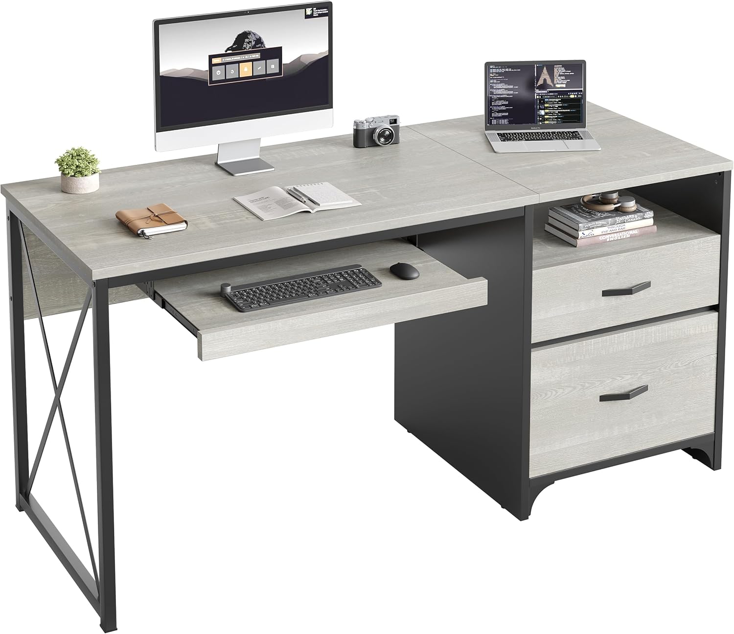 55 Industrial Desk with Storage & Drawers, Wash White