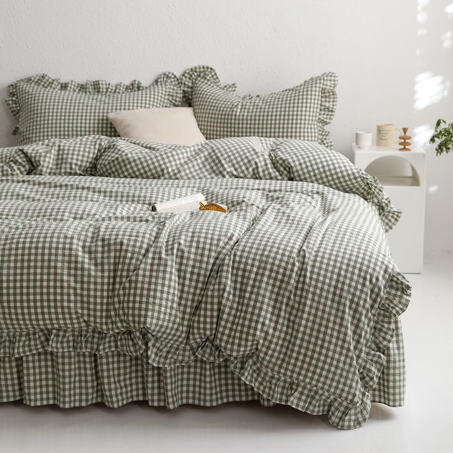 Green Gingham Ruffle Duvet Cover Set for Twin XL Bedding