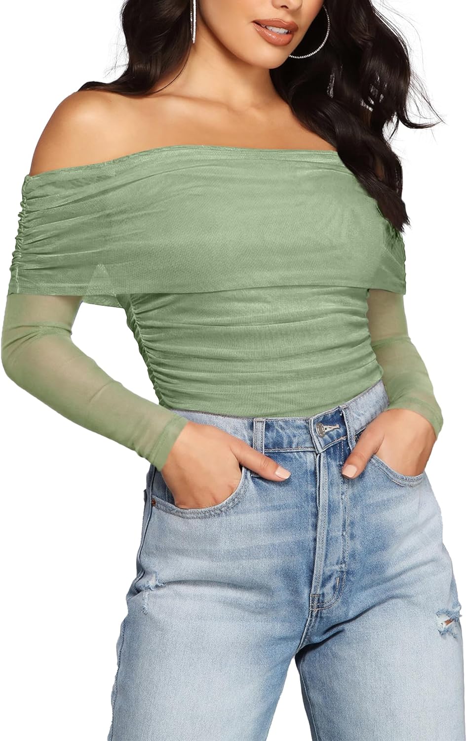 SAUNGKUAI Women's Off The Shoulder Long Sleeve Bodysuit for Fall