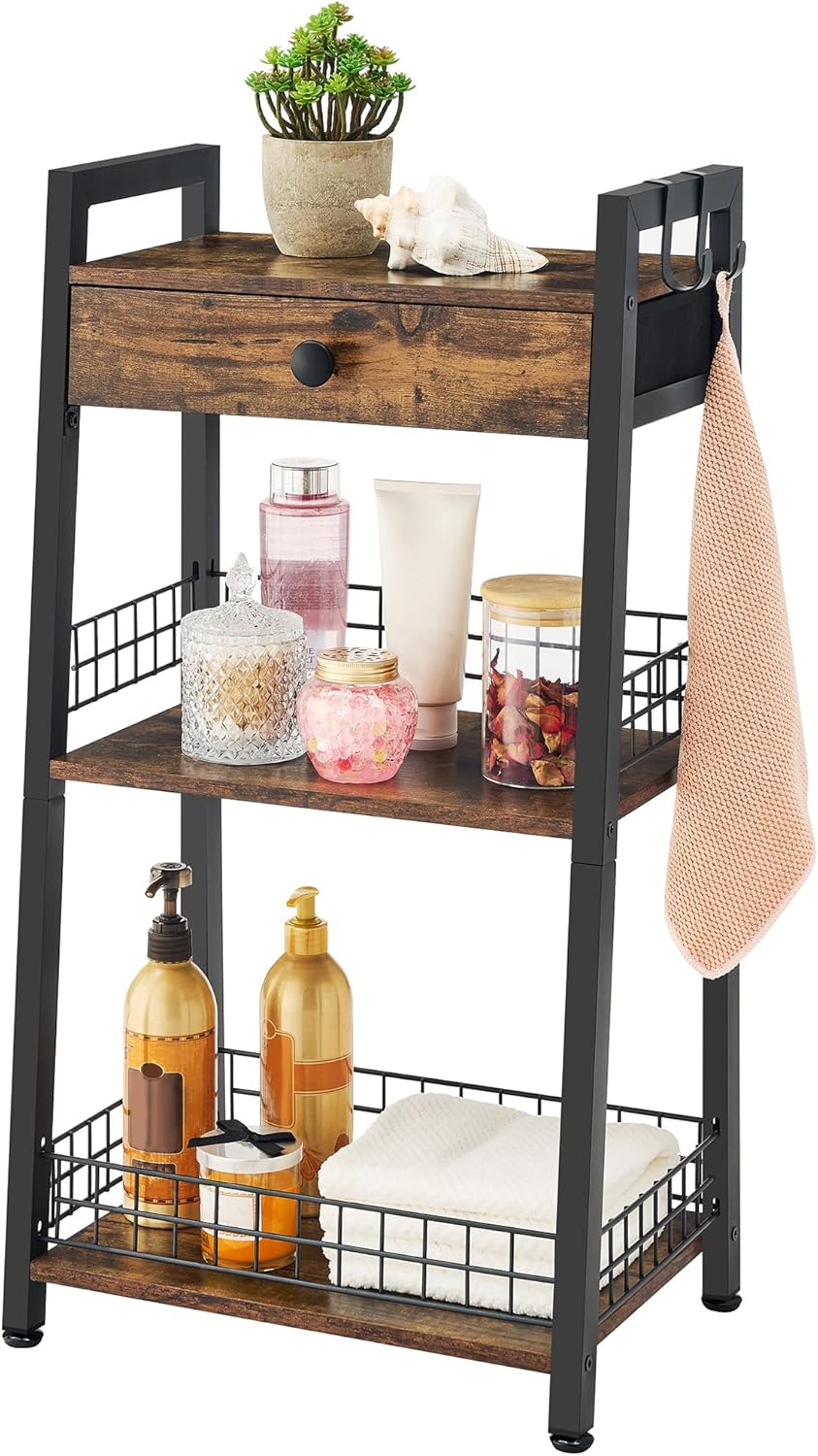 3-Tier Bathroom Ladder Shelf with Drawer for Stylish Storage