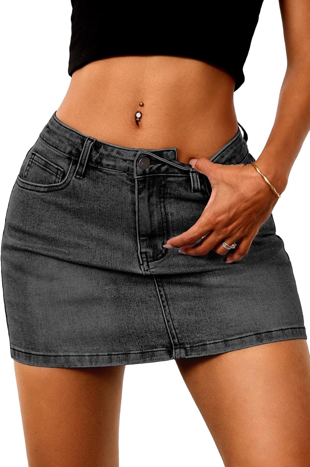 ELLEVEN Stretchy Mini Jean Skirt for Women with Pockets