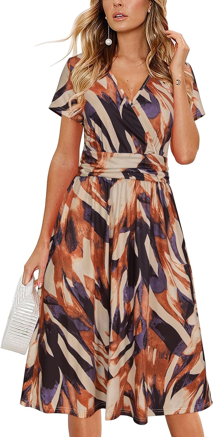 OUGES Women's Summer Short Sleeve V-Neck Floral Dress with Pockets