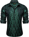 Mens Silk Paisley Dress Shirt for Men - Green Long Sleeve
