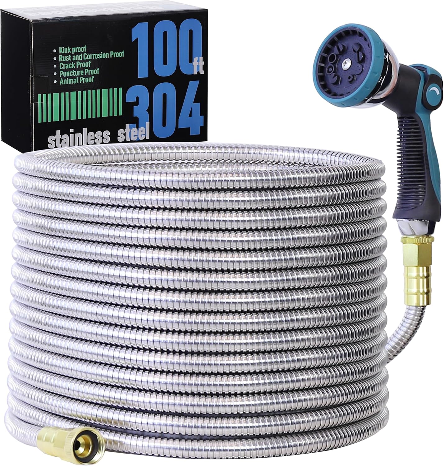 100FT 5/8ft' Stainless Steel Garden Hose with 10-Mode Nozzle