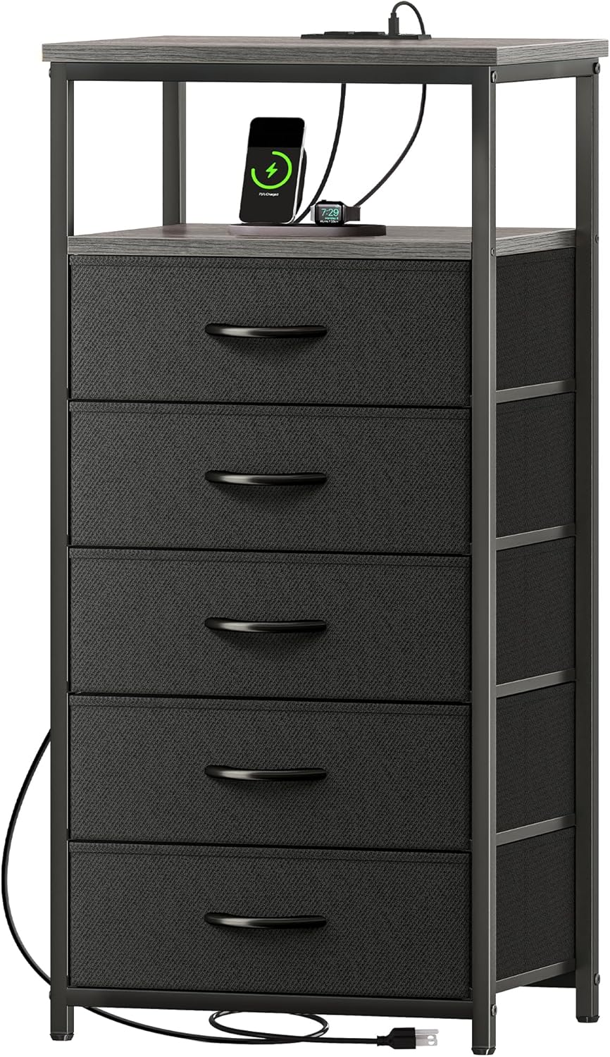 Huuger 5 Drawers Tall Dresser with Charging Station for Bedroom