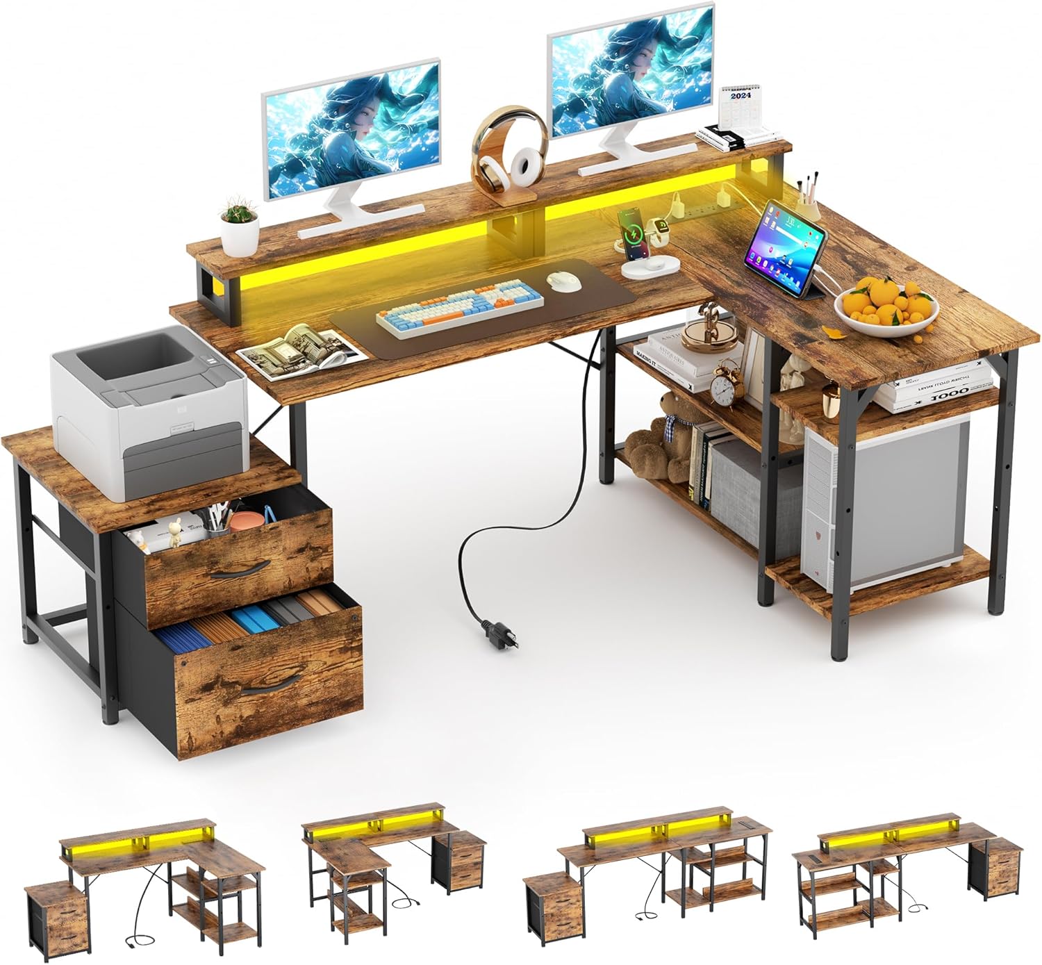 Rustic L-Shaped Desk with Storage & Power Outlets
