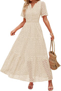 Women's Eyelet V Neck Maxi Dress - Short Sleeve Flowy A Line