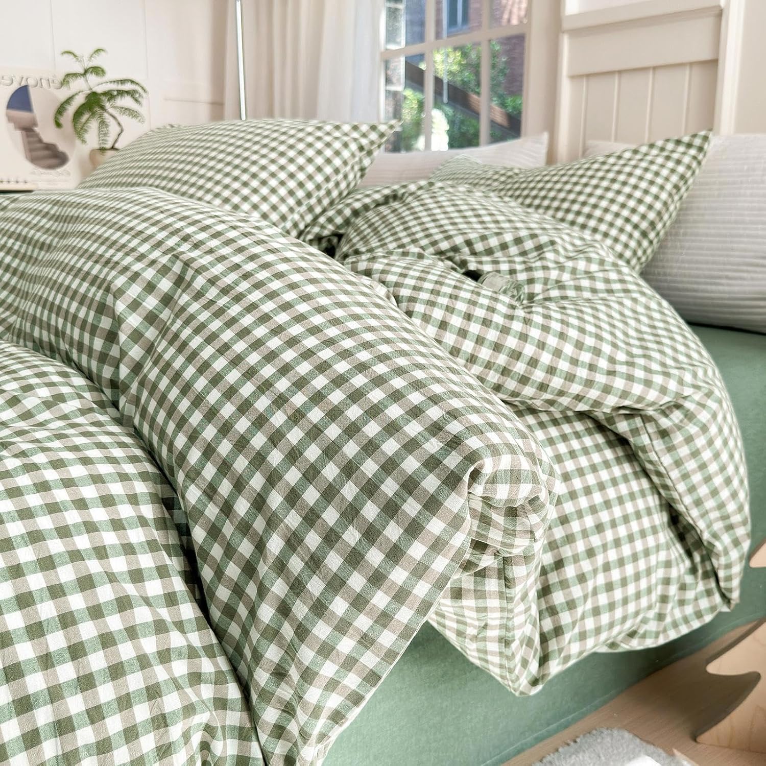 LifeTB Green Gingham Comforter Set King for Cozy Sleep