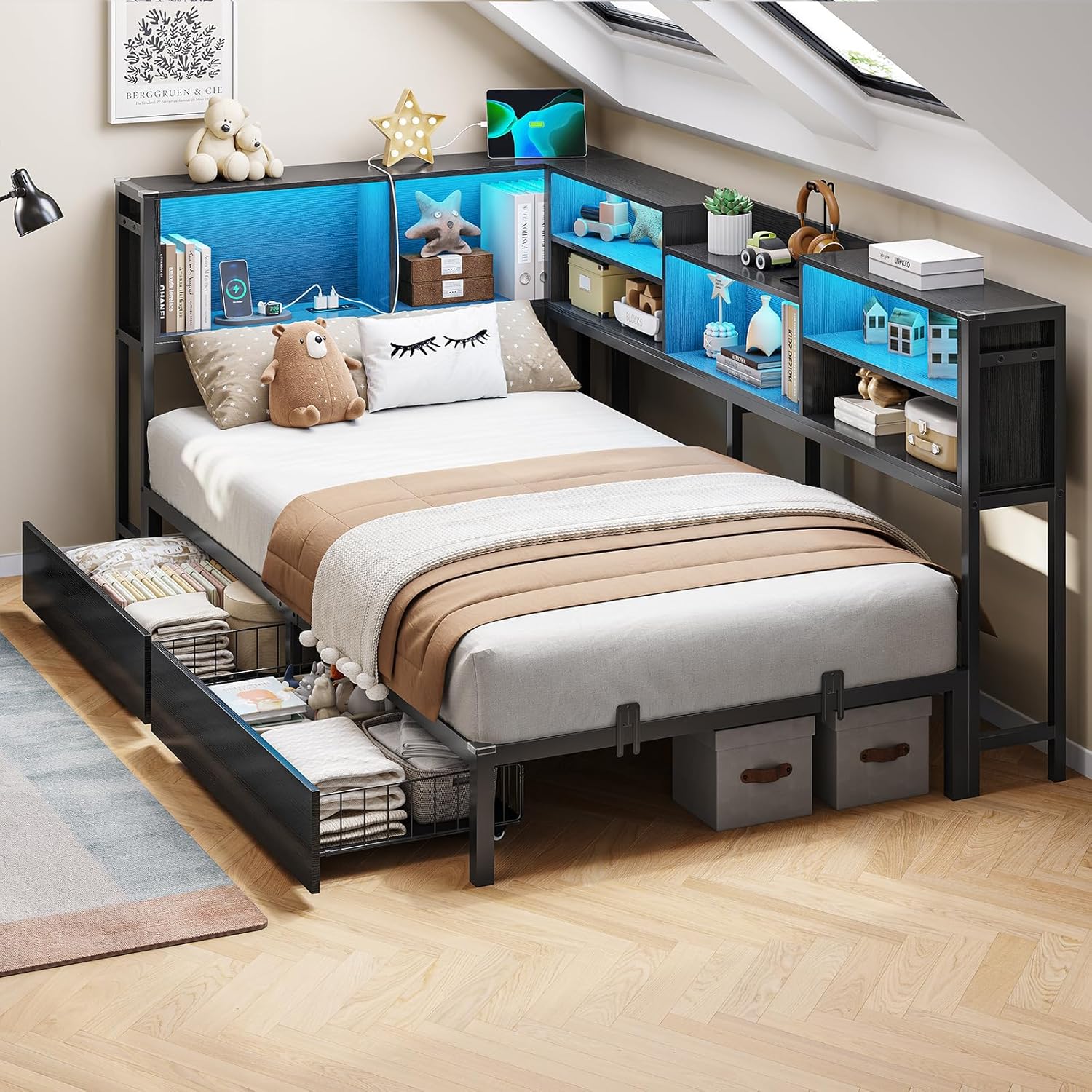 DICTAC Twin XL Corner Bed Frame with Storage and LED Lights