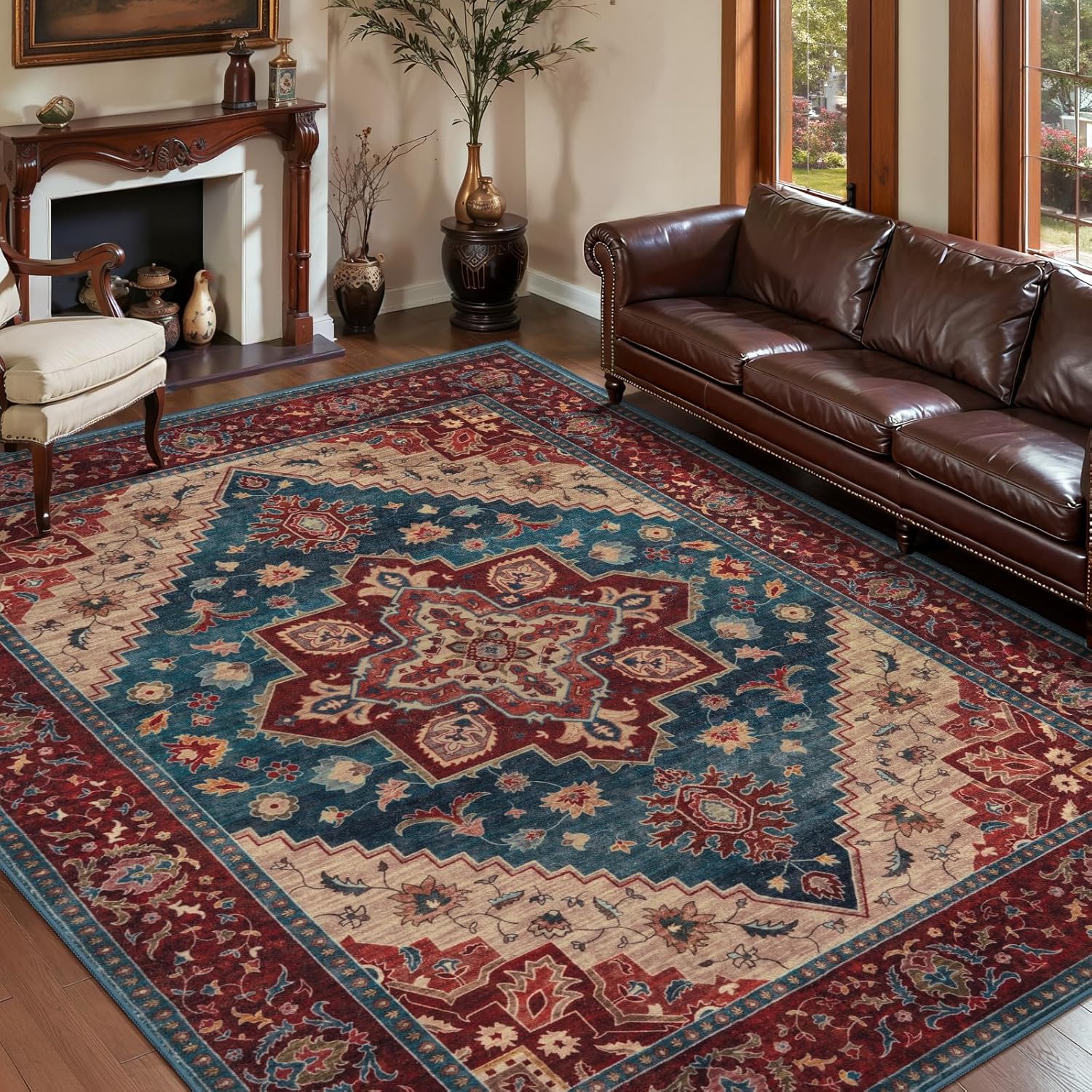 Tangsoo Oriental Red Rug 5x7 Washable Area Rug for Living Room