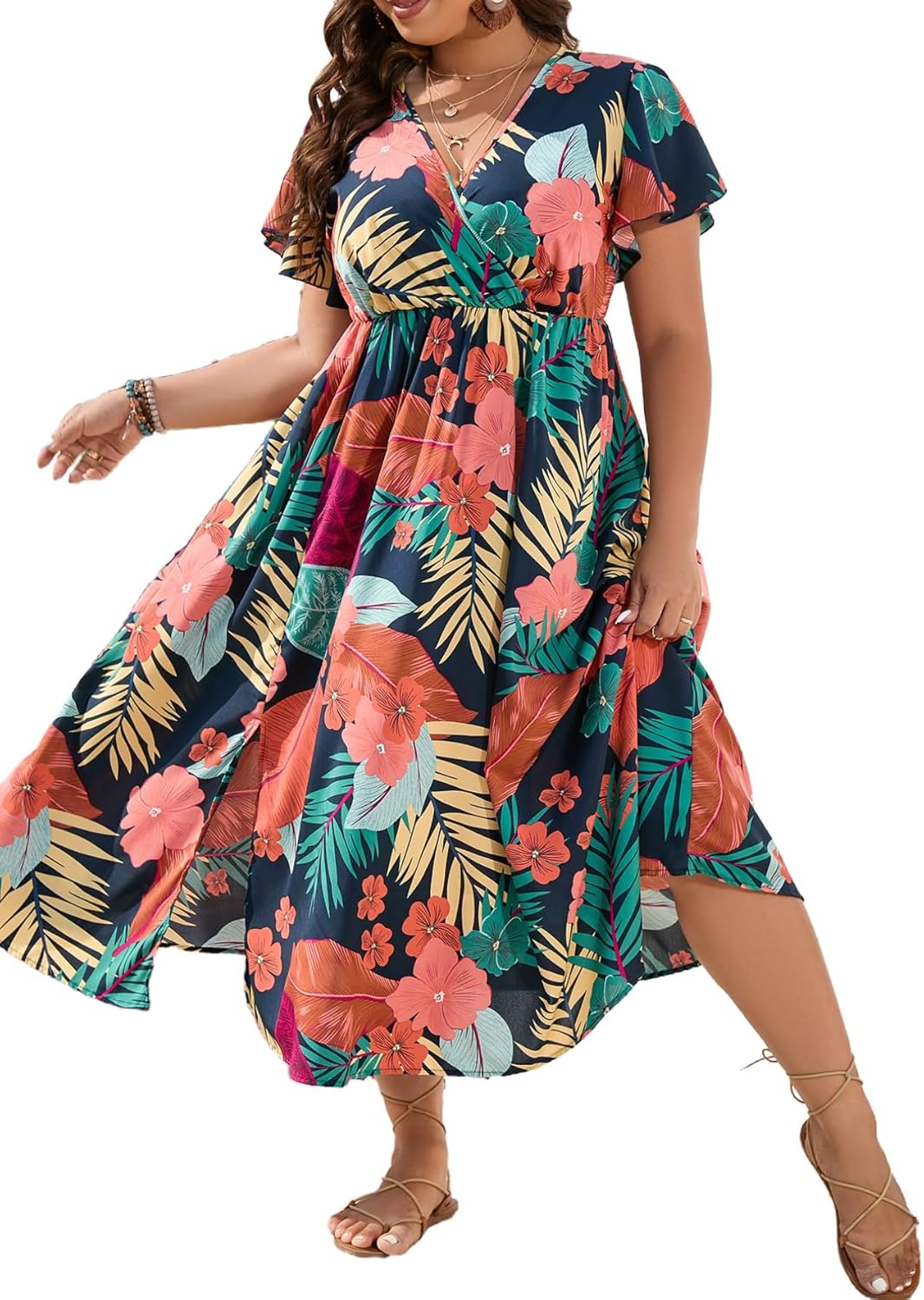 Floerns Women's Plus Size Boho Floral V Neck A Line Dress
