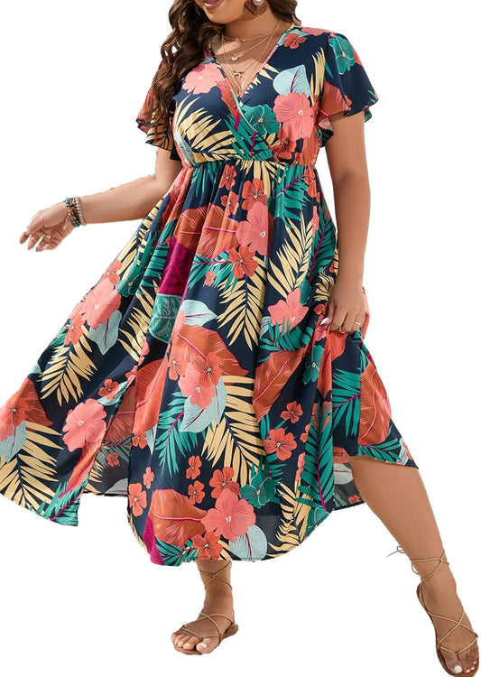 Floerns Women's Plus Size Boho Floral V Neck Short Sleeve Dress