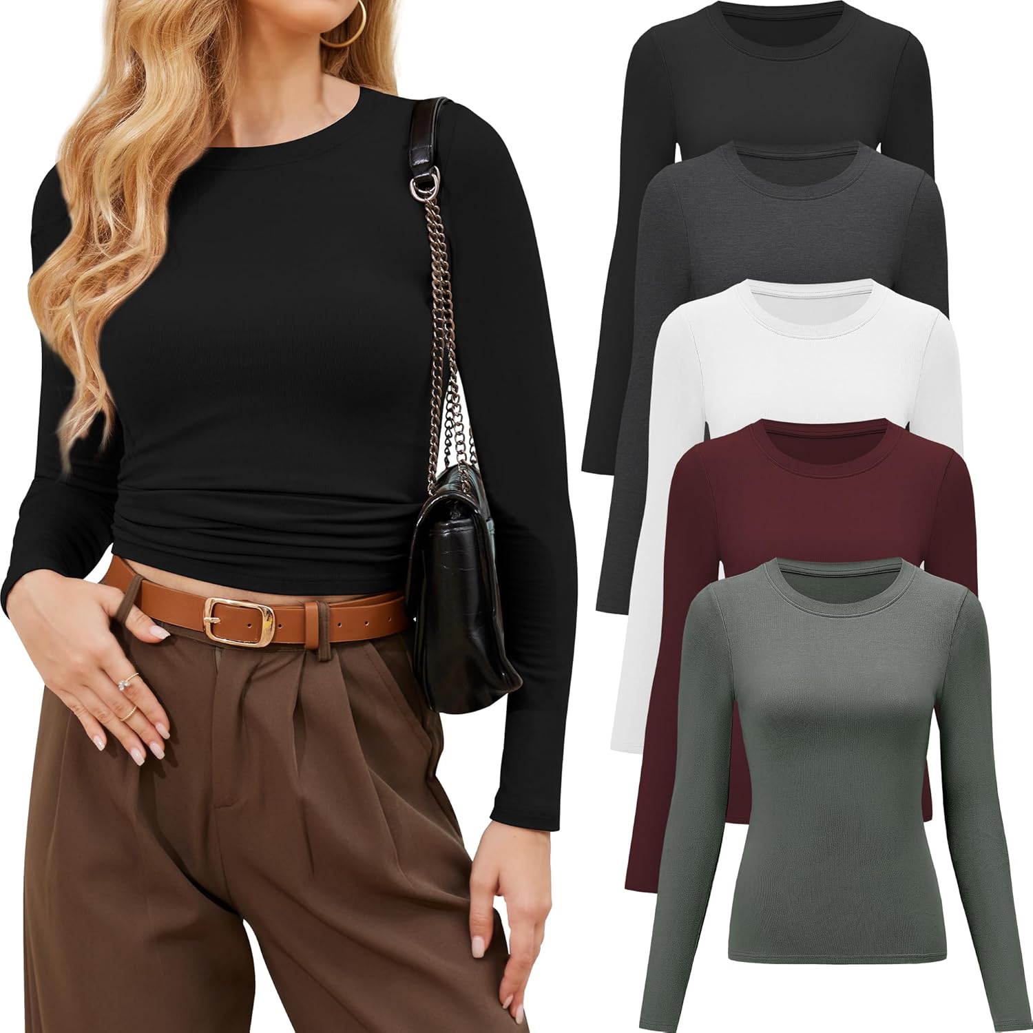 Womens Long Sleeve Shirts Crew Neck Basic Tees for Casual Wear