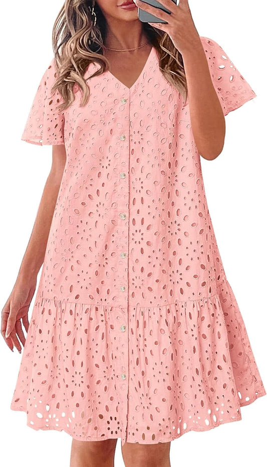 KIRUNDO Summer Dresses for Women 2025 Eyelet Button Down V Neck