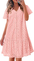 KIRUNDO Eyelet Button Down V Neck Mini Dress - Lightweight Summer