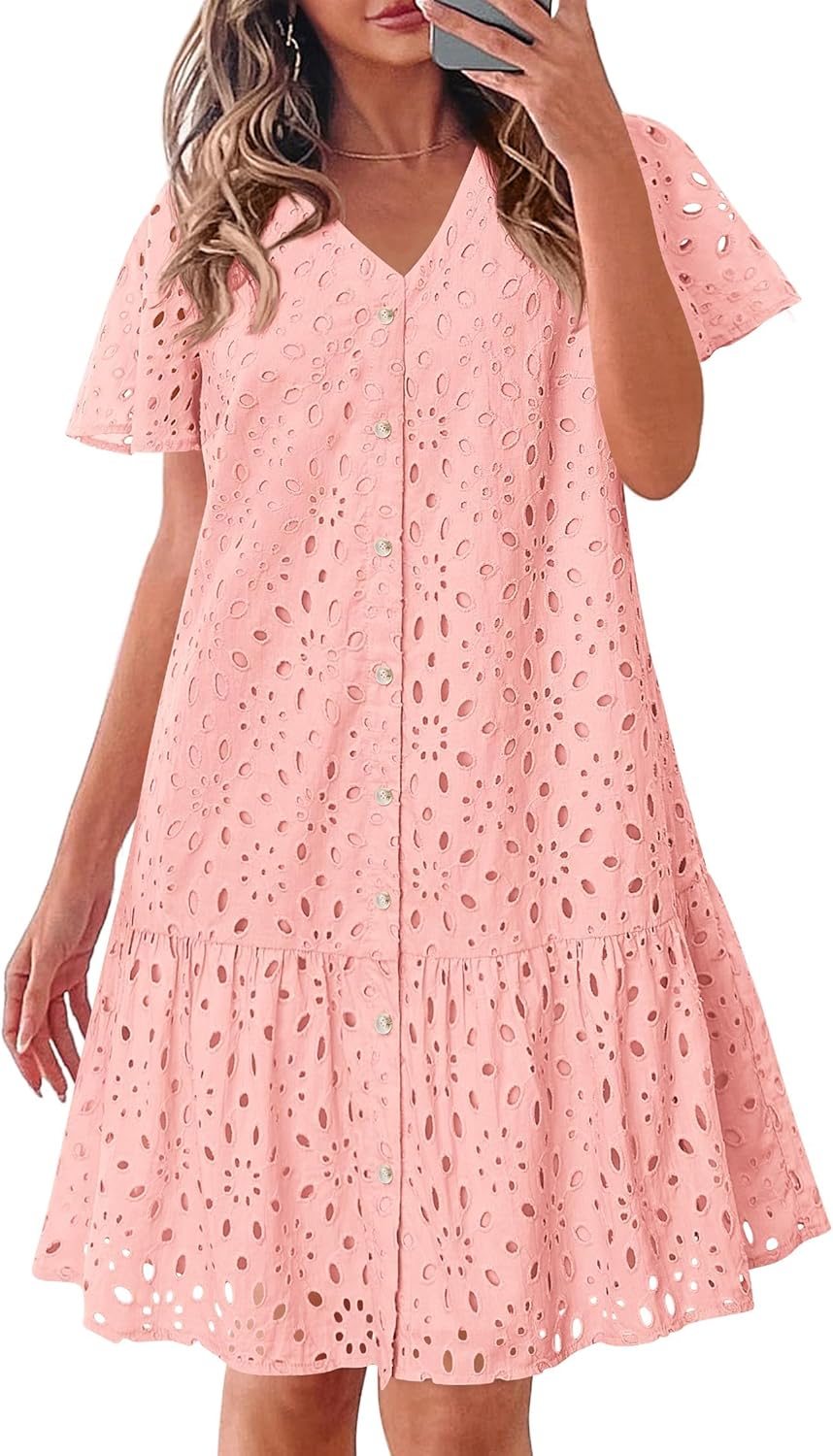 KIRUNDO Summer Dresses for Women 2025 Eyelet Button Down V Neck