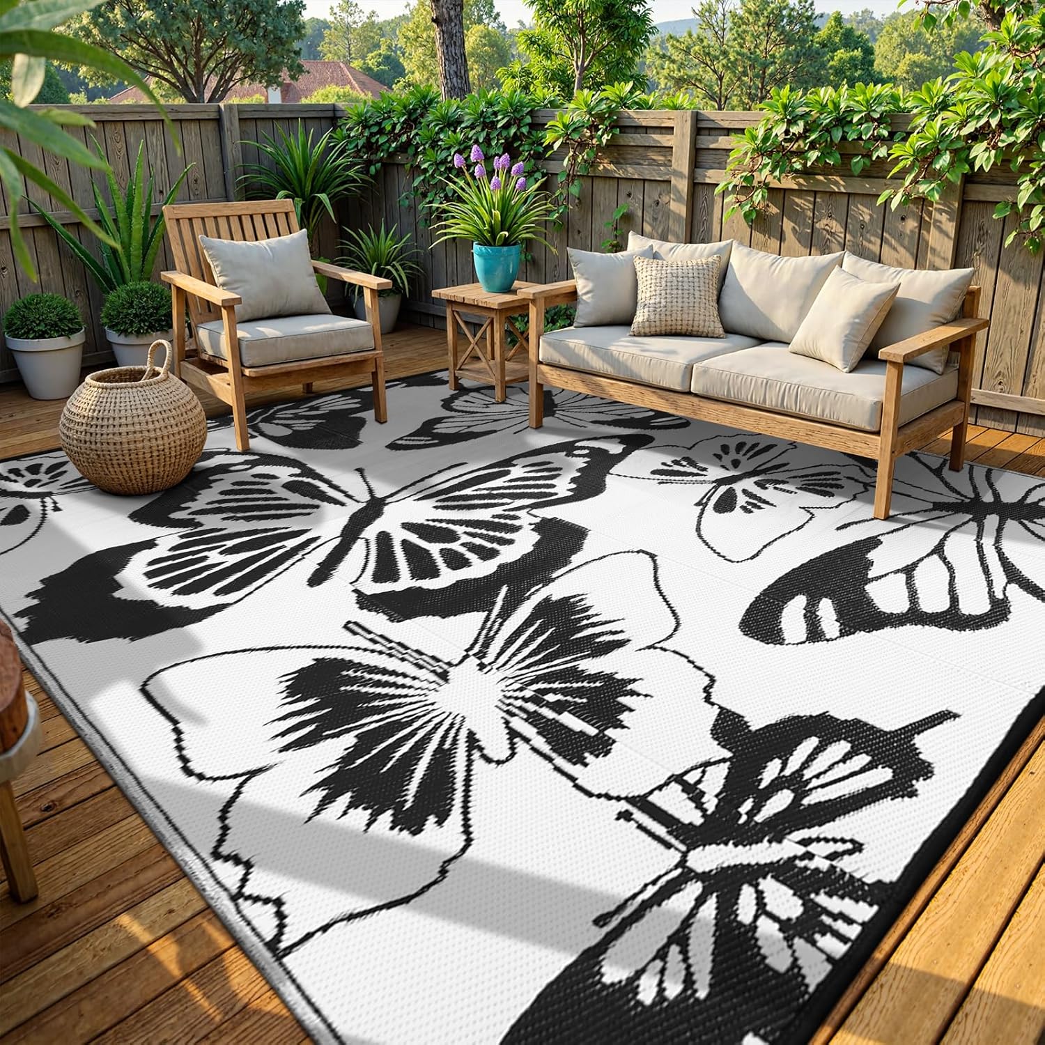 Beeiva Butterfly Outdoor Patio Rug 9x12 - Waterproof & Reversible