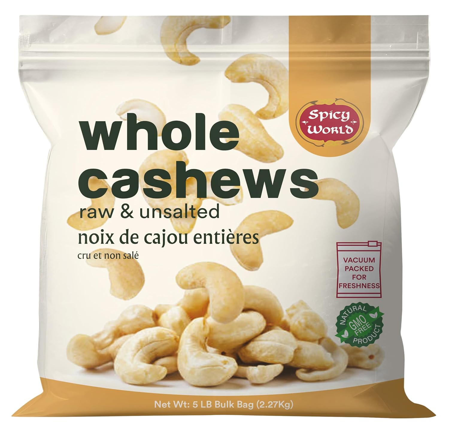 Spicy World Raw Cashews 5 LB Bulk - Non-GMO, Gluten Free Snack