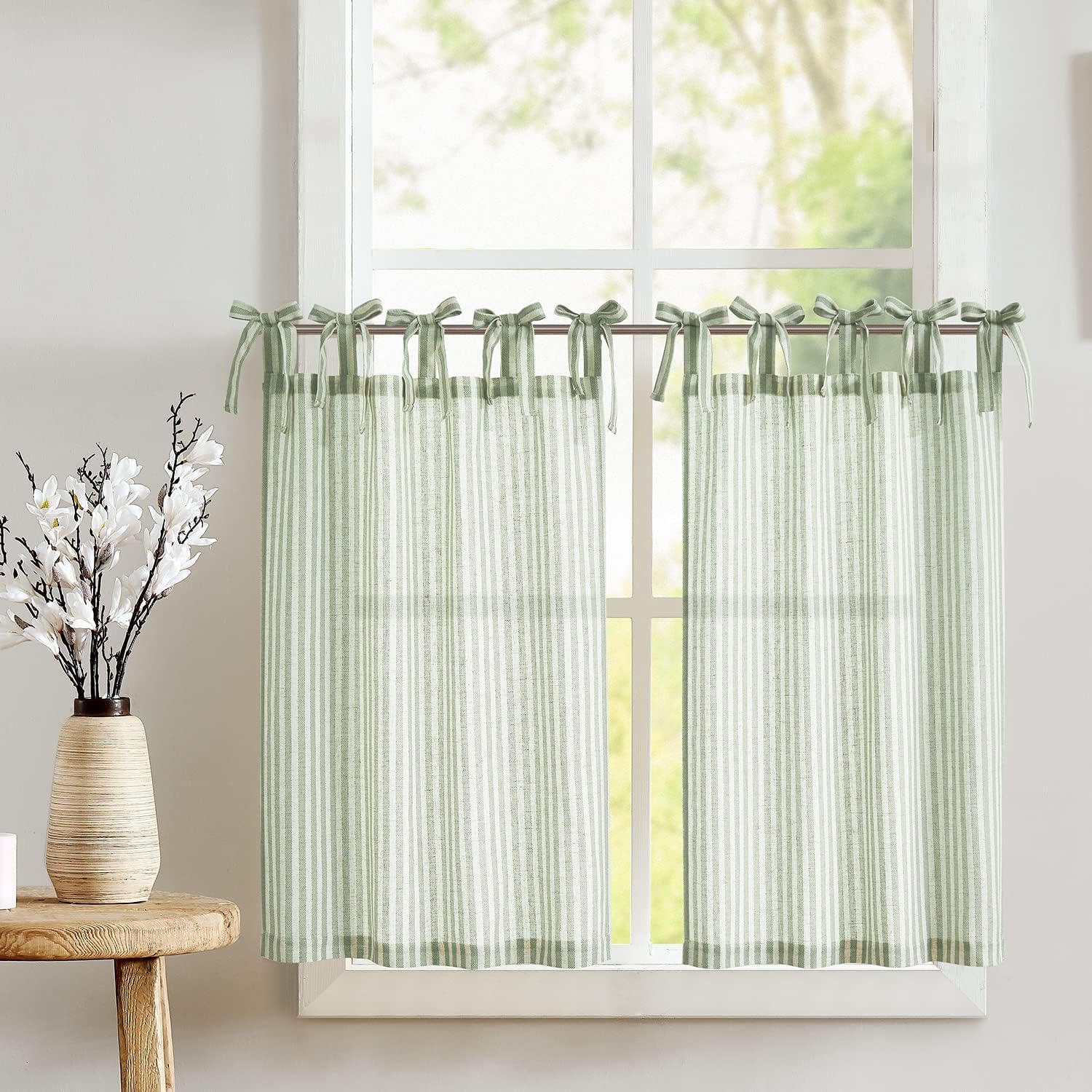 Rustic Sage Green Linen Kitchen Curtains - Set of 2