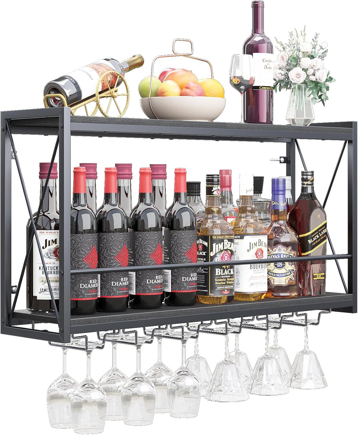 Dokser Wine Rack Wall Mounted Shelf - Rustic 2 Tier Holder