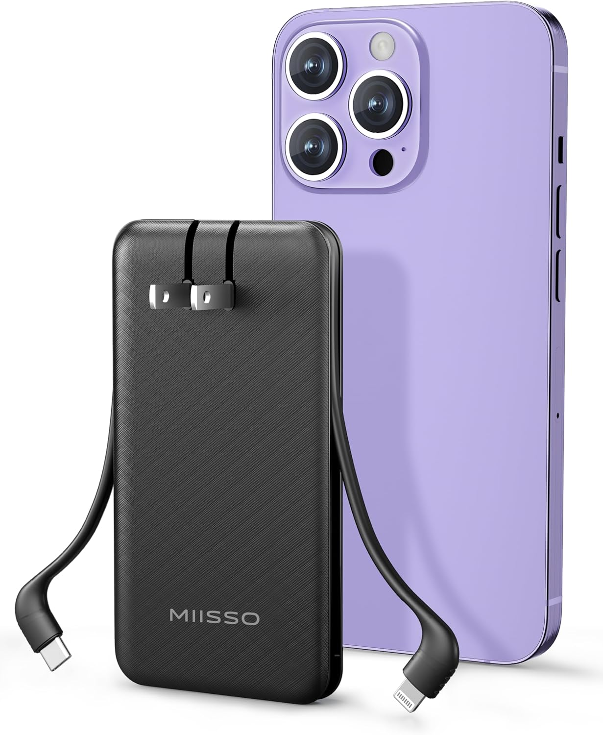 miisso Ultra Slim 10000mAh Power Bank with Built-in Cables, Foldable Plug - Portable & Efficient Charging