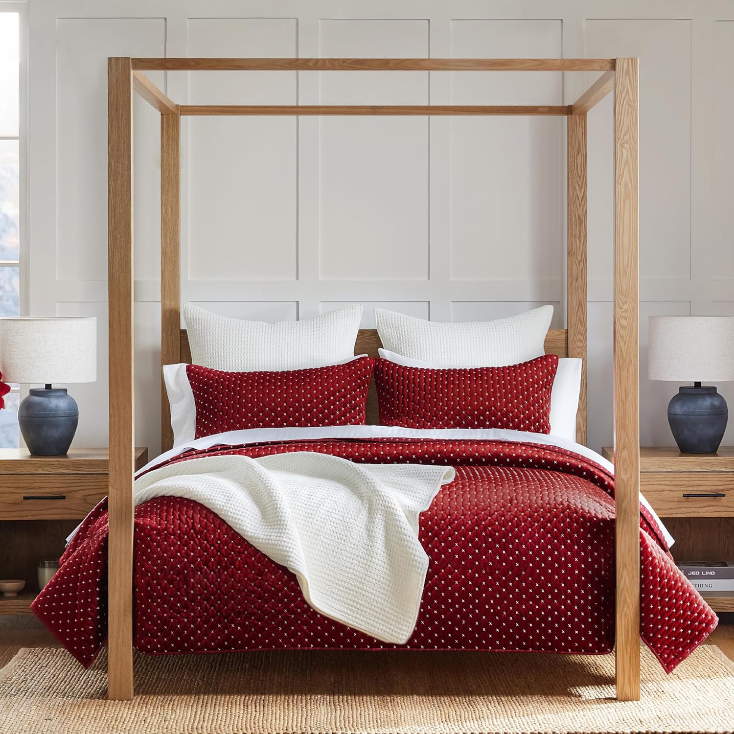 Cross Stitch Velvet Red Quilt Set - King Size Luxury Bedding