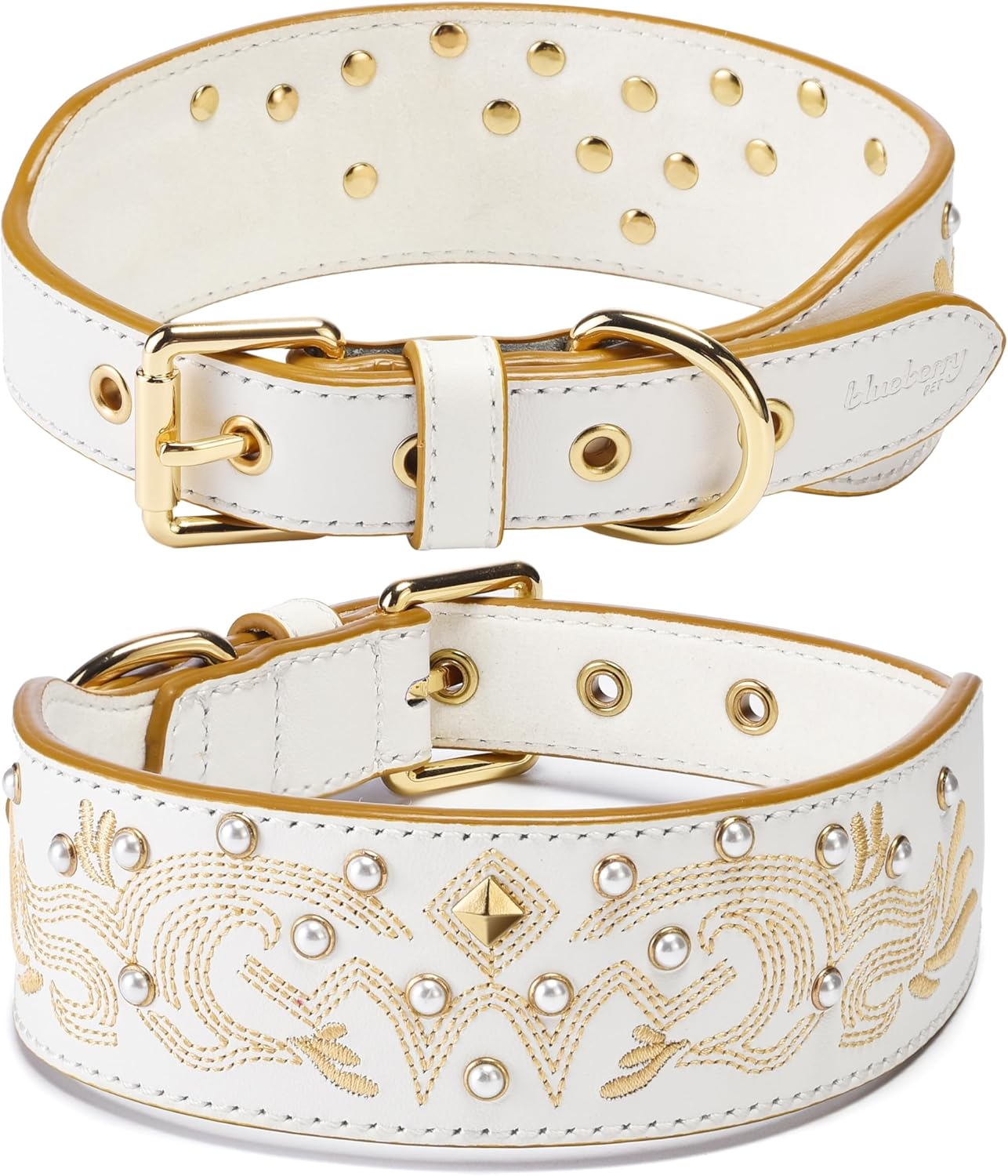 Western Genuine Leather Dog Collar for Medium Breeds - Pearl White