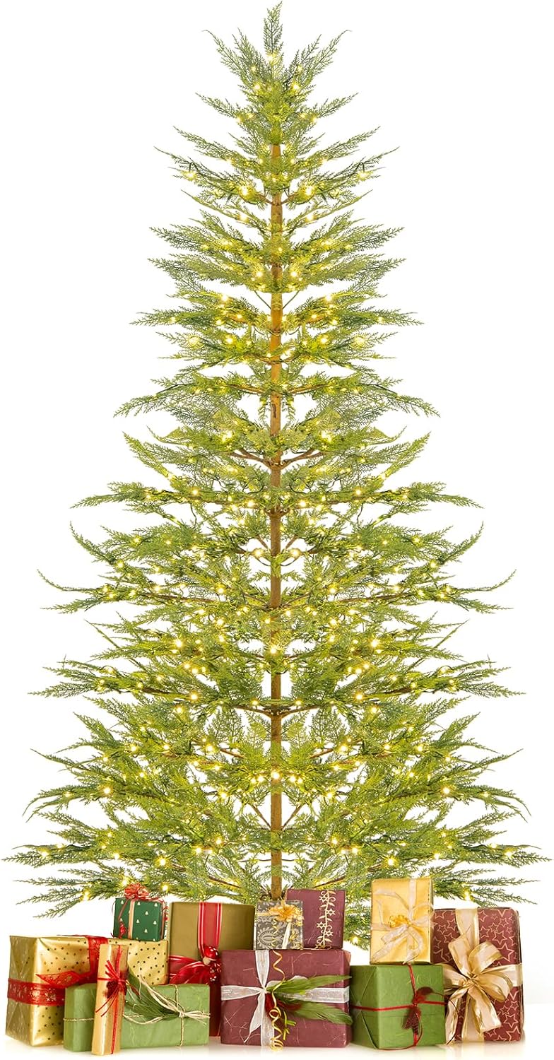 7.5FT Pre-Lit Christmas Tree with Faux Cypress Leaves & LED Lights