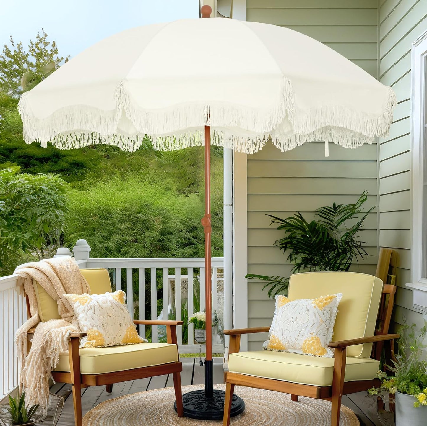 PHI VILLA 7ft Beach Umbrella with Fringe for Outdoor Fun