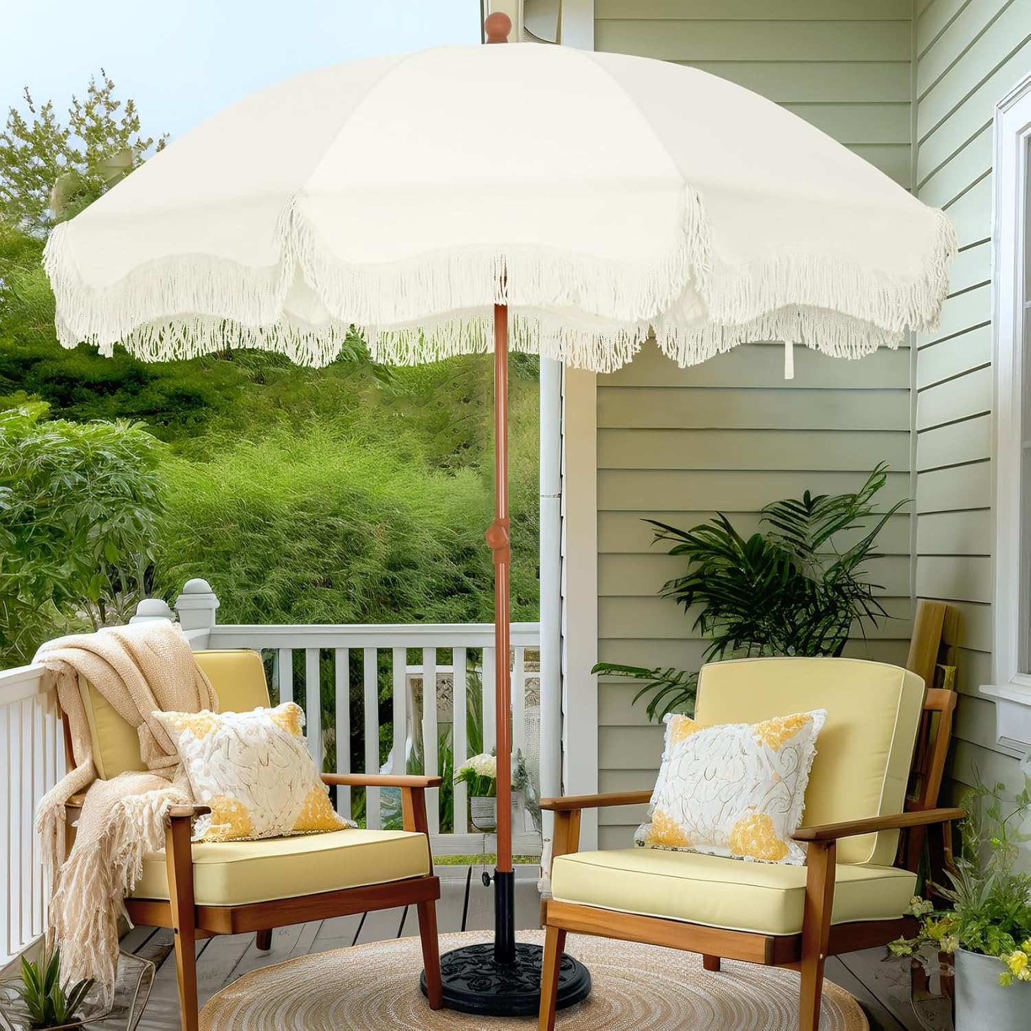 PHI VILLA 7ft Beach Umbrella with Fringe for Outdoor Fun