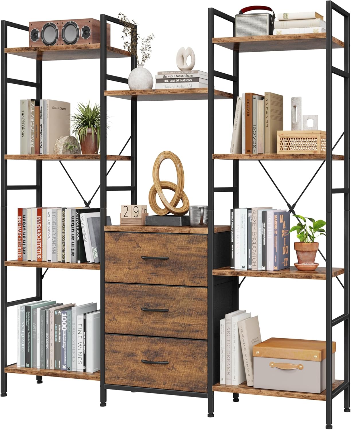 Triple Bookshelf with 3 Fabric Drawers for Home & Office