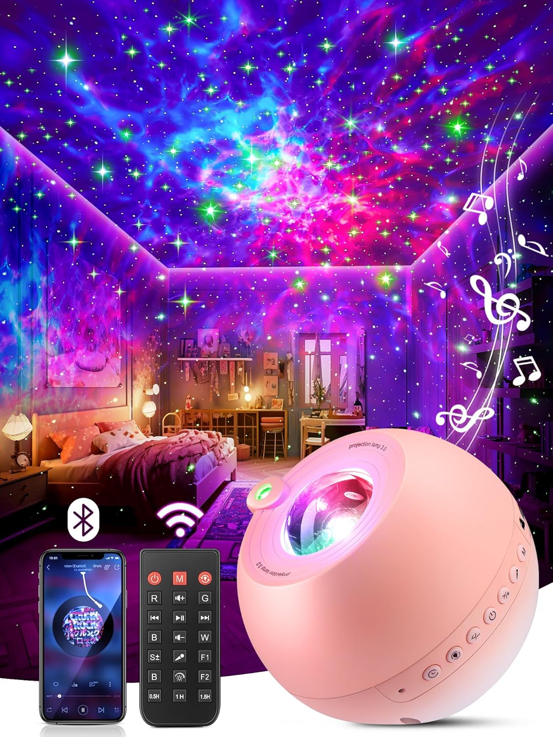 PIKOY Star Projector: 15 Colors, 15 White Noises, Bluetooth Connectivity