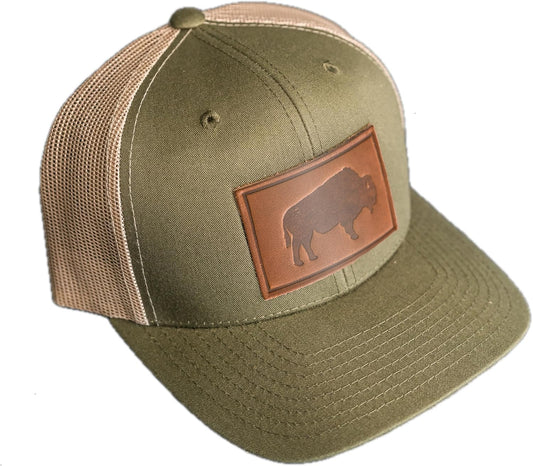 Bison Stamp Leather Patch Trucker Hat - Adjustable Snapback