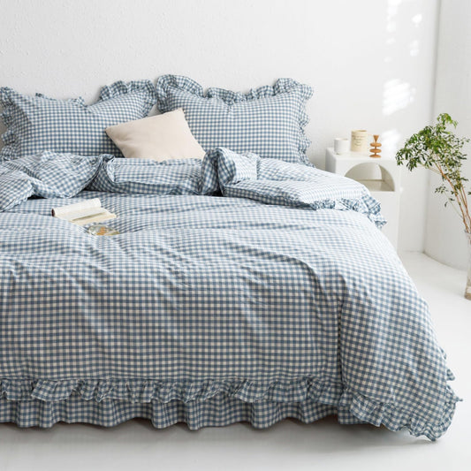 Mixinni Blue White Gingham Ruffle Duvet Cover Set for Twin XL