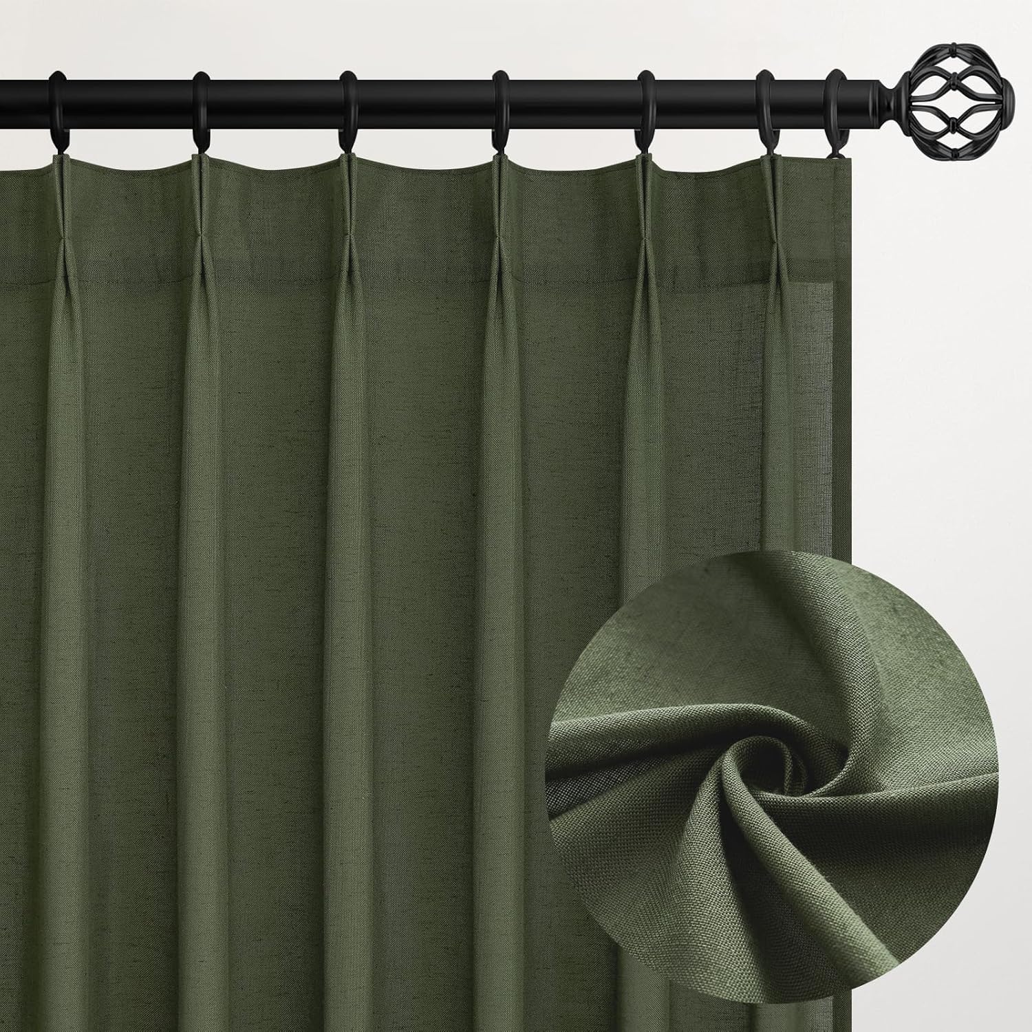 Topfinel Olive Green Pinch Pleated Semi Sheer Curtains for Home