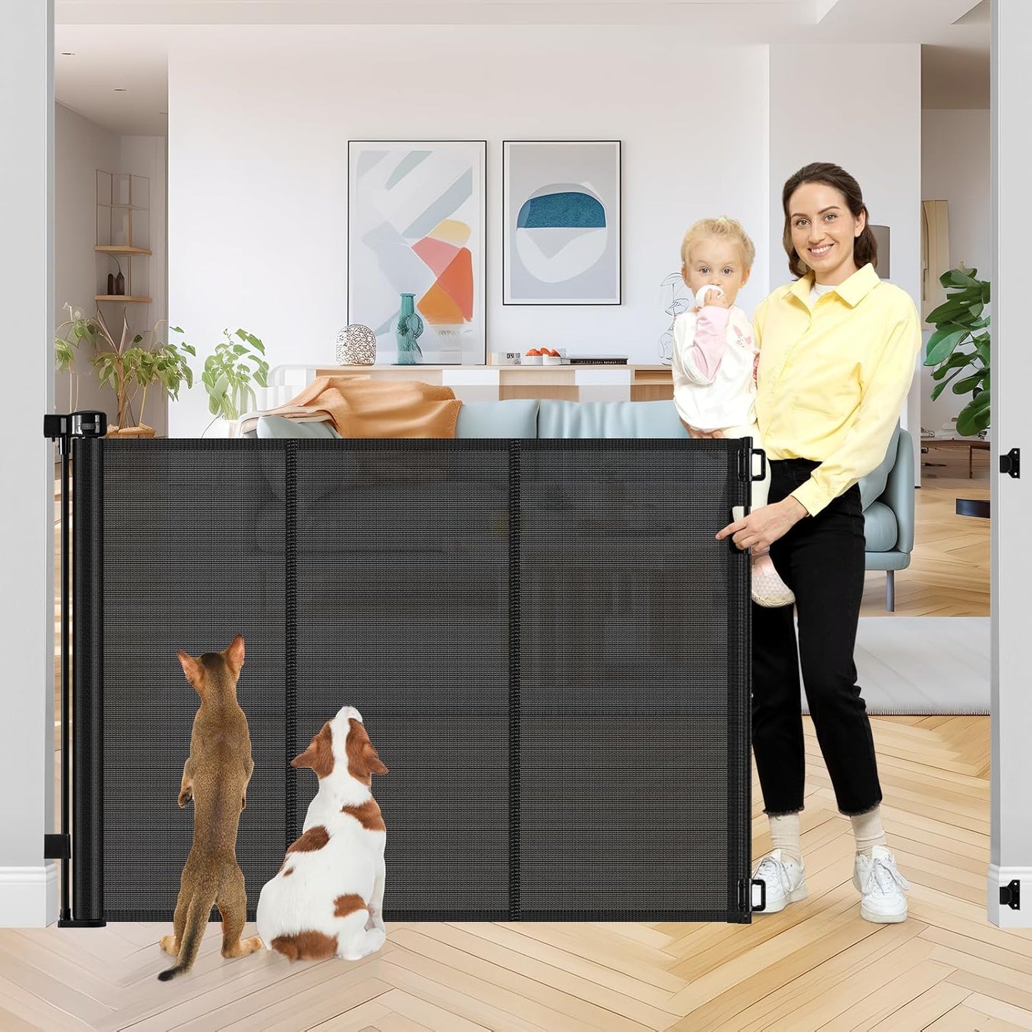 Reinforced 42 Inch Extra Tall Retractable Dog Gate for Safety