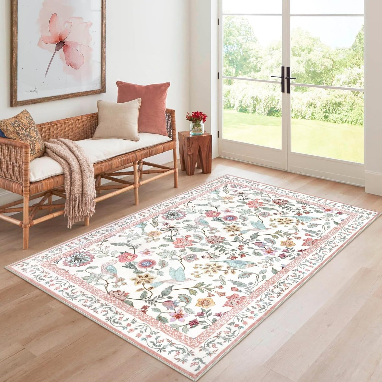 Washable Floral Area Rug for Indoor Entryway and Kitchen Use