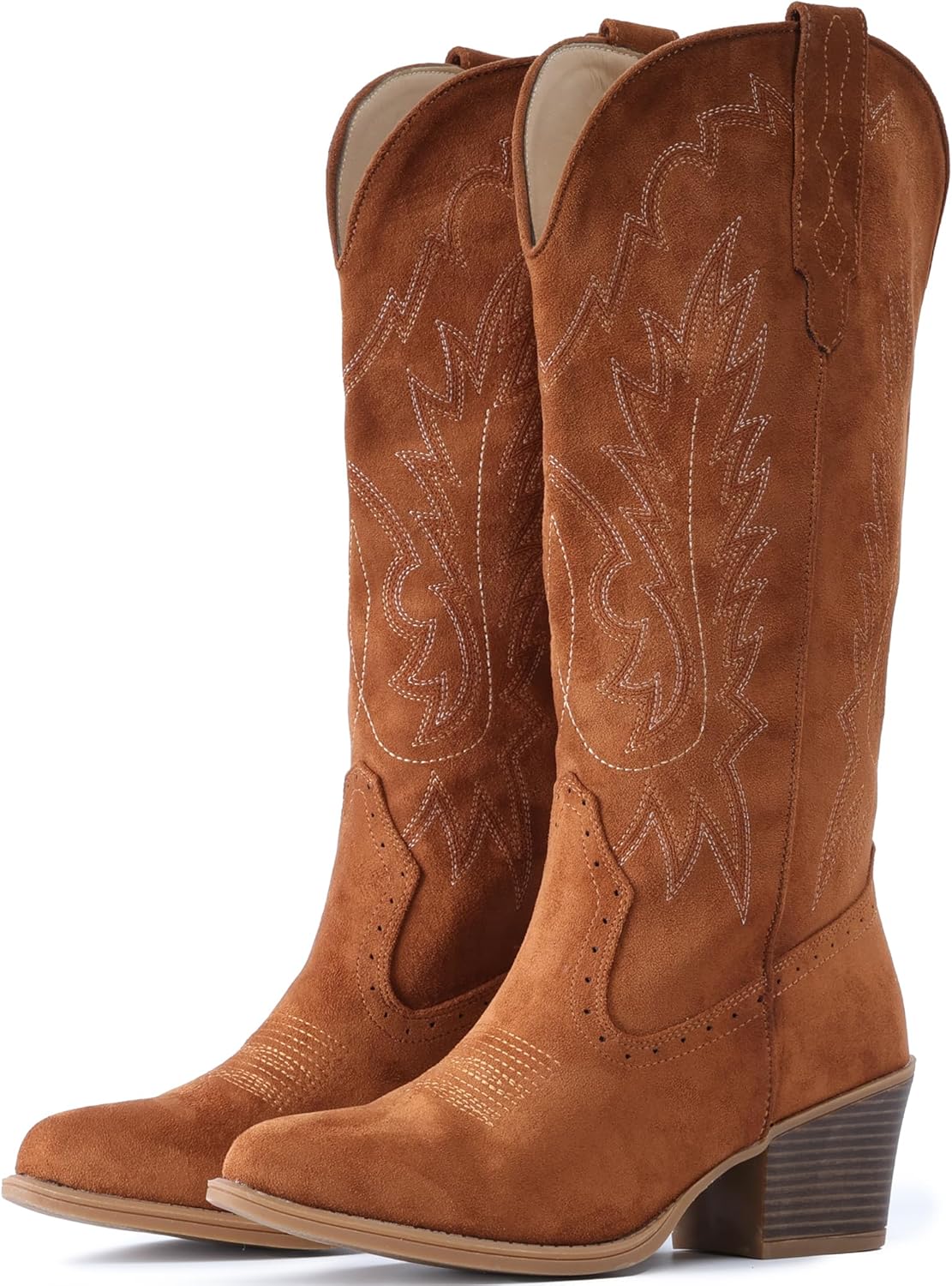 IUV Suede Cowboy Boots for Women with Chunky Heel and Embroidery