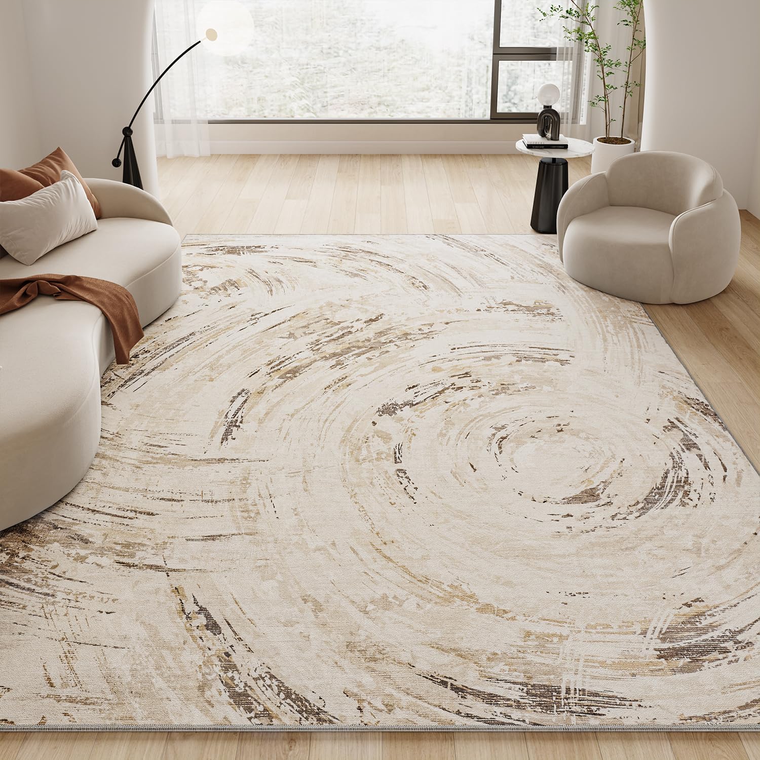 Washable Beige Brown Rug - Durable & Modern 5x7