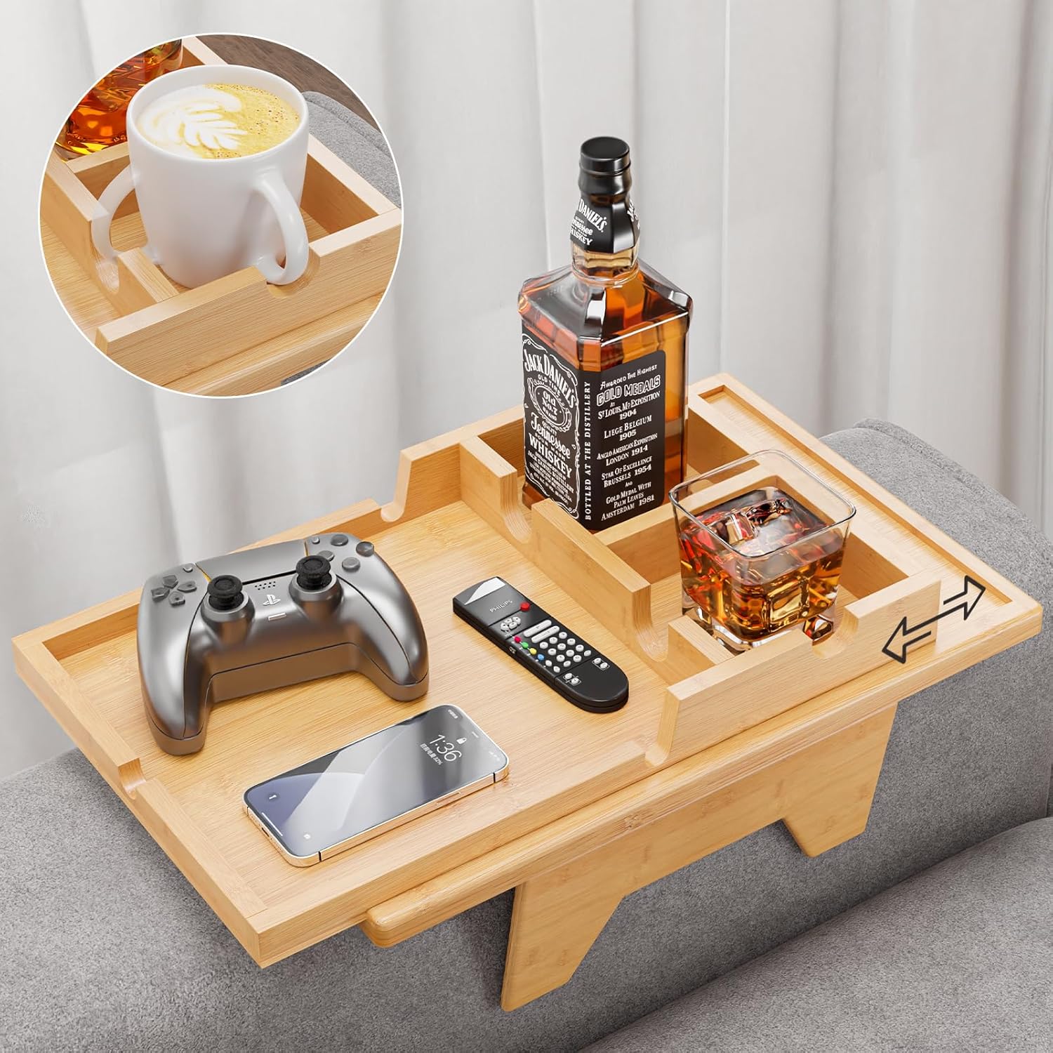 Bamboo Couch Cup Holder Tray - 2 in 1 Armrest Table for Drinks