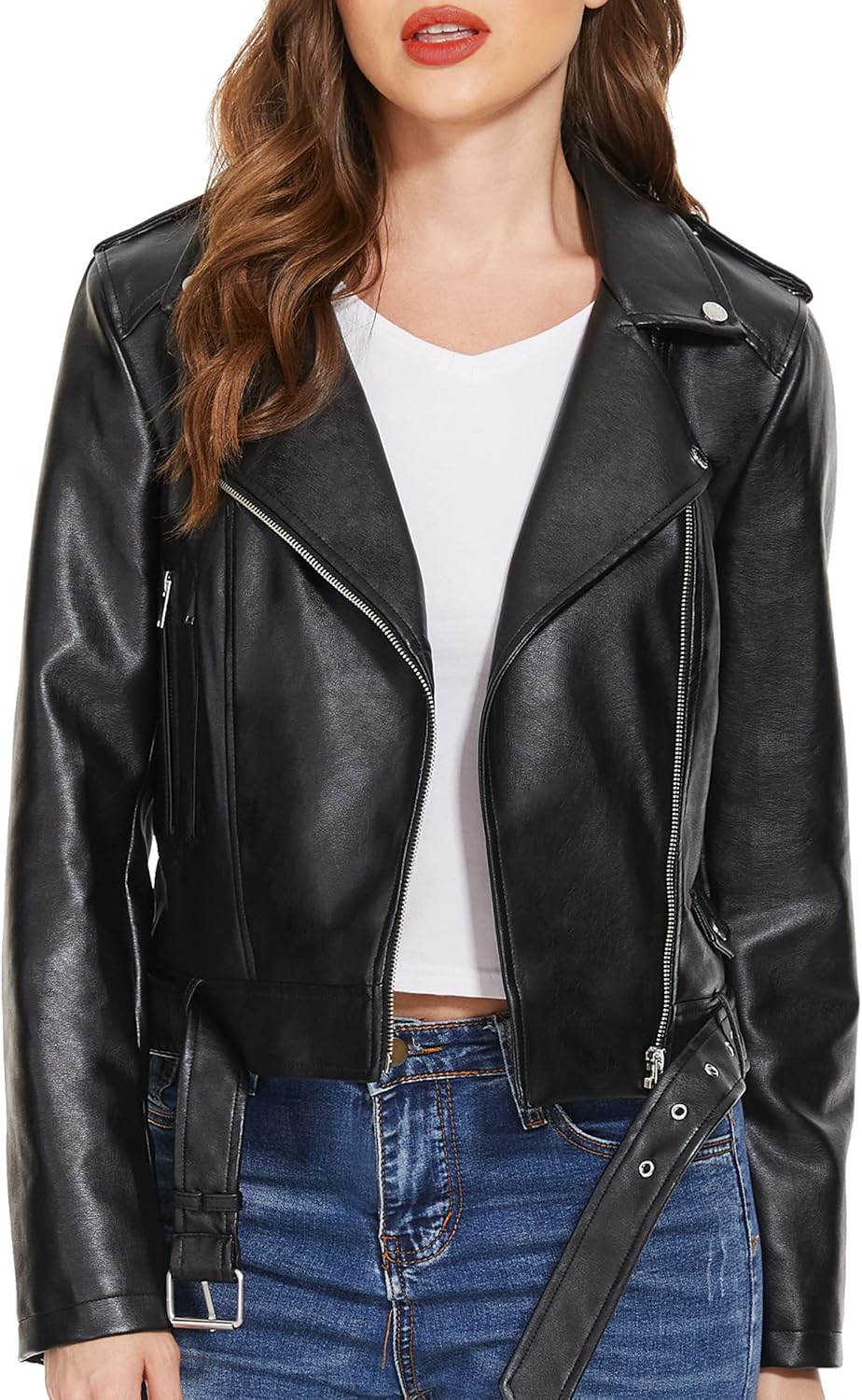 Fahsyee Faux Leather Jacket for Women - Stylish Vegan Moto Coat