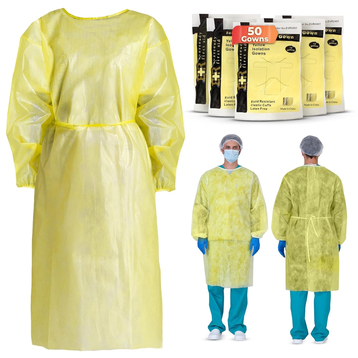 Disposable Isolation Gown with Elastic Wrists - 50 Count Case