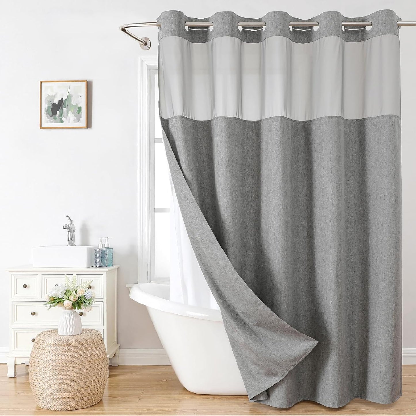 Long No Hooks Needed Linen Textured Shower Curtain Set for Luxury