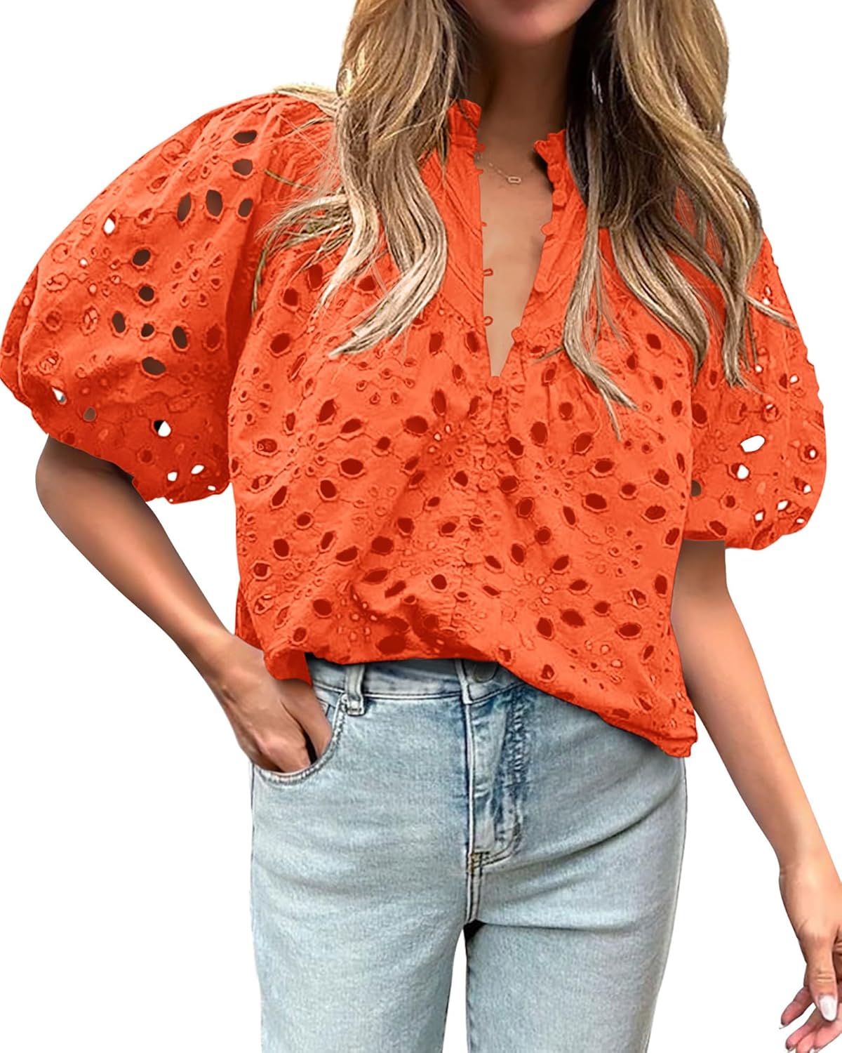 BTFBM Womens Casual Summer Blouse with Eyelet Embroidery Design