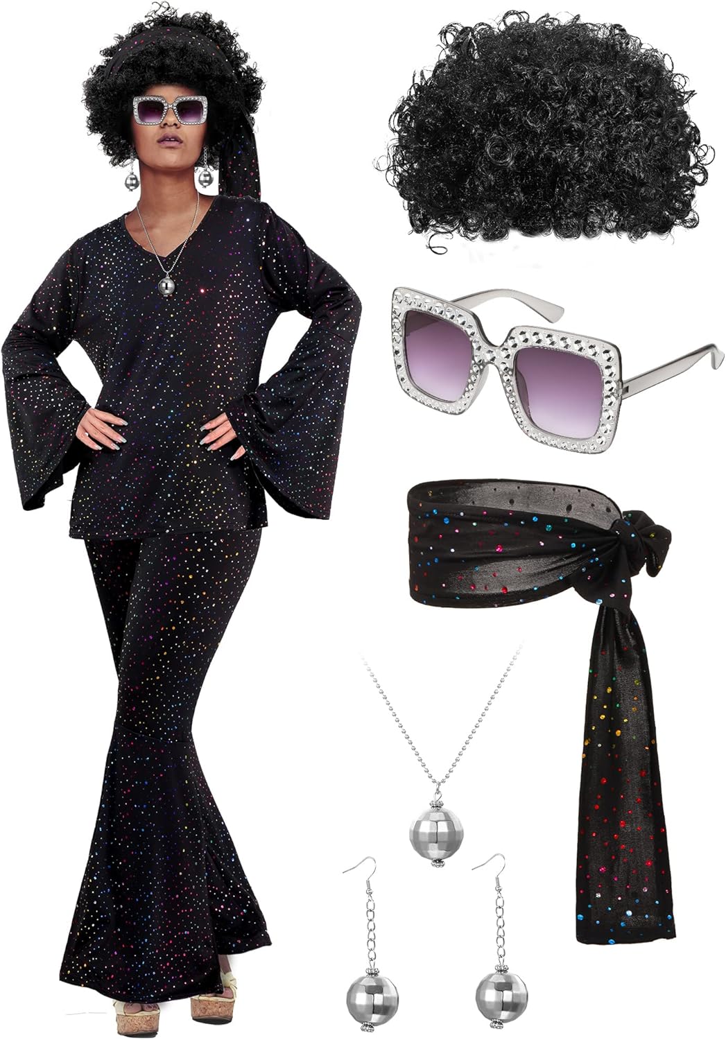 Jexine Halloween 70s Women Disco Outfit Costume Set for Parties