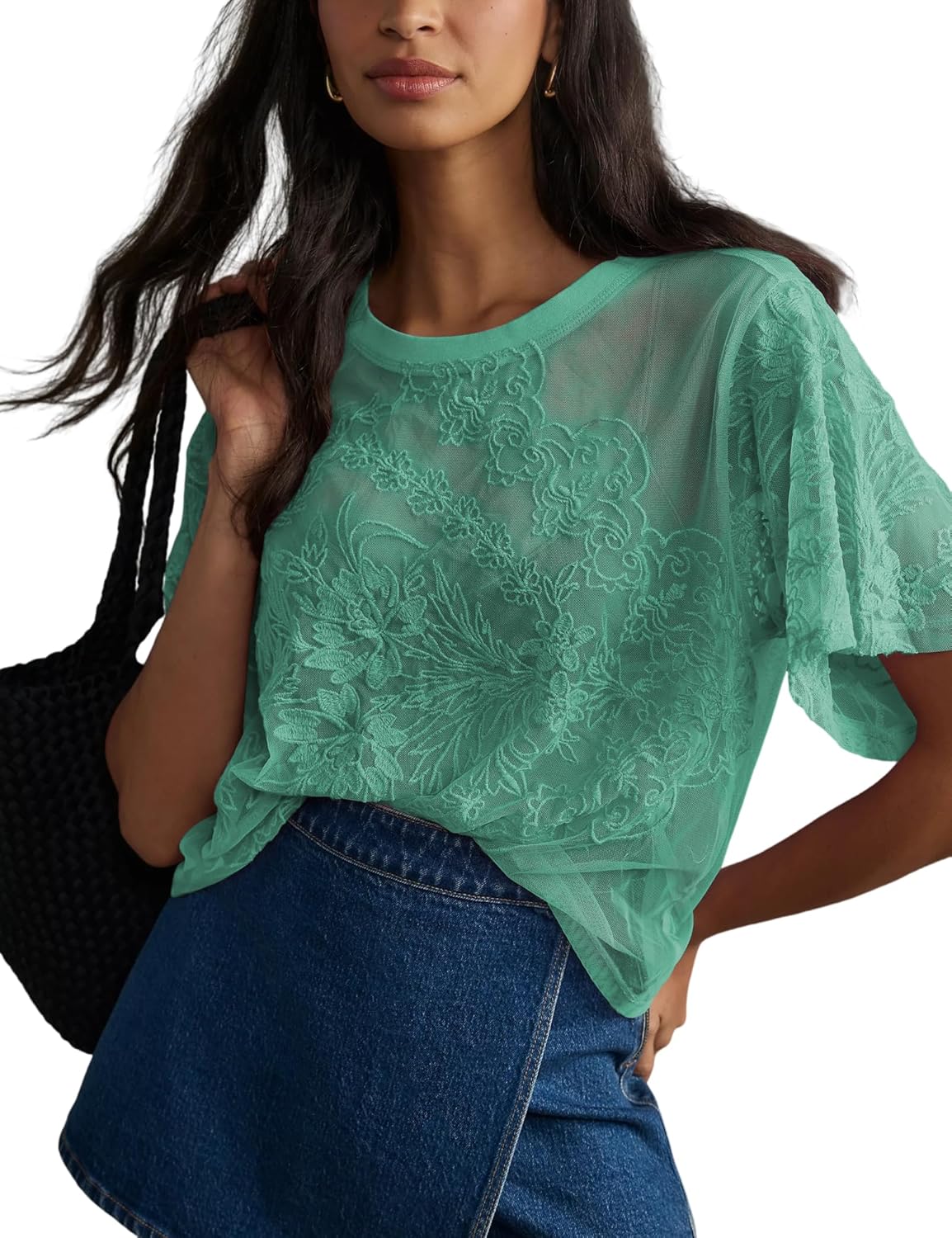Trendy Women's Sheer Lace Embroidered Mesh Tops for Summer