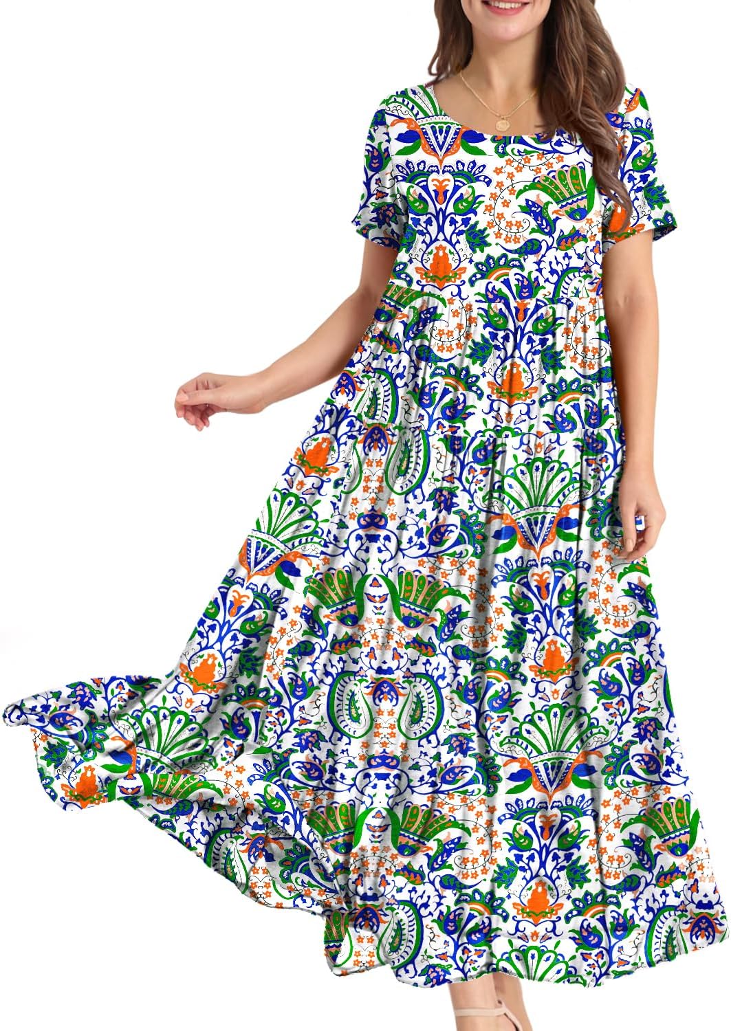 YESNO Women Casual Loose Bohemian Floral Dress with Pockets