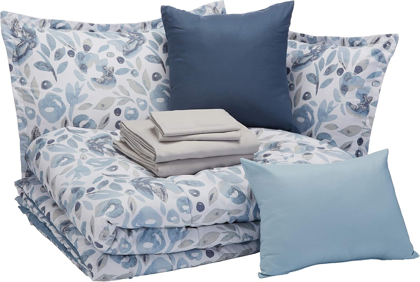Queen Comforter Set with Blue Watercolor Floral Design - 10-Piece